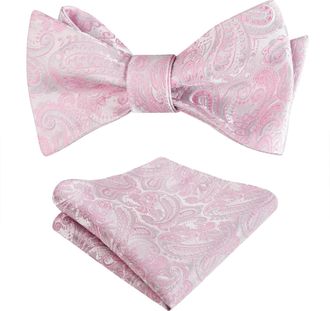 Alizeal Mens Paisley Jacquard Self Tied Bow Tie Pocket Square Set (Pink+Silver)(Size: One Size)