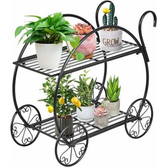 Costway Scaffale per Piante in Metallo, Scaffale Portavasi a 2 Livelli con 4 Ruote, Porta Fiori da Interno ed Esterno per Soggiorno, Giardino e