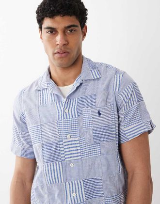 Polo Ralph Lauren Camicia a maniche corte blu con stampa patchwork con logo