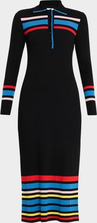 Akris Color-Blocked Stripe Rib-Knit Polo Midi Dress