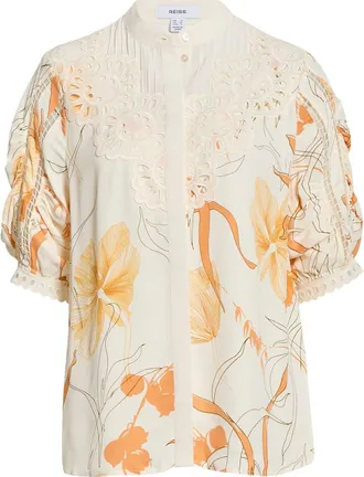 Reiss Louisa Cutwork Overlay Floral Button-Up Shirt in Ivory/Pink at Nordstrom, Size 14 Us