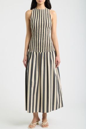 Solid & Striped Arlin Smocked Midi Dress in Noir Khaki at Nordstrom, Size X-Large
