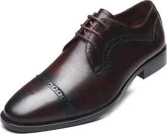 Generic Dress Shoes for Men Lace Up Cap Toe Square Toe Derby Shoes Genuine Leather Slip Resistant Anti-Slip Block Heel Non Slip Low Top Wedding(Brown,6.5 UK)