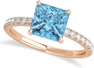 Allurez Princess Blue Topaz & Diamond Single Row Hidden Halo Engagement Ring 14k Rose Gold (0.81ct)