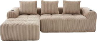 Urban Meuble Sof&aacute; modular en pana beige con reposabrazos y cojines