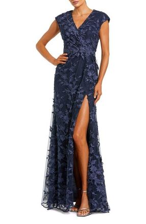 Mac Duggal Faux Wrap Embroidered Cap Sleeve Gown in Midnight at Nordstrom, Size 12