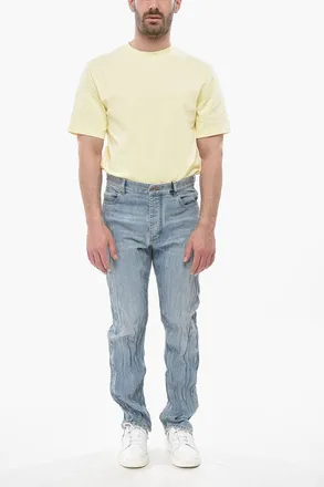 Bottega Veneta Crinkled-Effect Jeans with Woven-Leather Detail 22cm Bottega Veneta