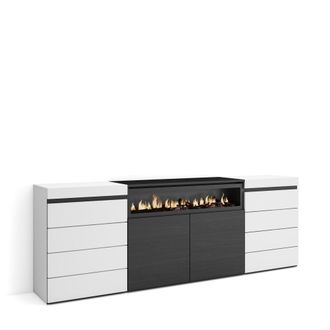 Skraut Home C&oacute;moda efecto madera blanco y negro 214x35x75cm chimenea efecto fuego