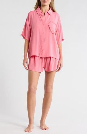Betsey Johnson Heart Patch Cabana Button-Up Shirt & Shorts Cover-Up Set in Blush at Nordstrom Rack, Size X-Large