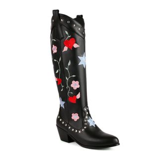 Generic Western Style Embroidered Knee High Boots - Chunky Heel Pull On Design for Casual and Everyday,Black,6.5 UK