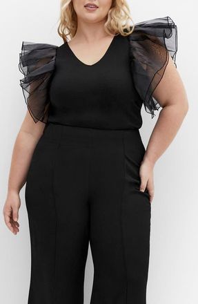 City Chic Sierra Mixed Media Flutter Sleeve Top in Black at Nordstrom, Size Xxxs