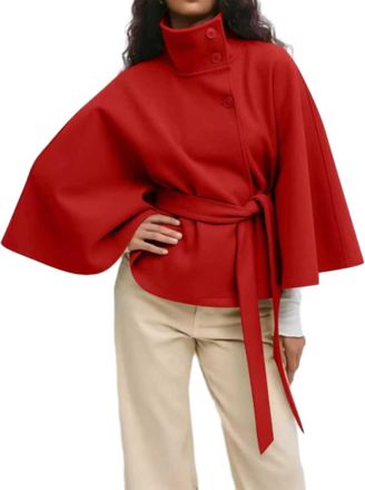 Generic Batwing Sleeve Poncho Pea Coat, White Cape Coat, Women Winter Outerwear Trendy Stand Belted Collar Overcoat (UK, Alpha, M, Regular, Regular, Red)
