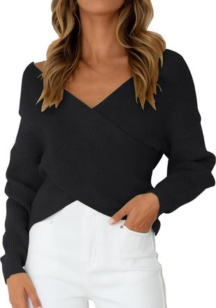 Generic Womens Solid Crop Vintage Sweaters Knitted Winter Fall Jumper Crisscross Off The Shoulder Asymmetrical Plain Casual Tunic Trendy Dressy Sweaters Black