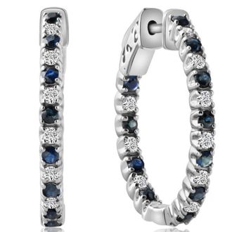 Pompeii3 1.25Ct Diamond & Blue Sapphire Inside Outside Hoops 14k White Gold Lab Grown
