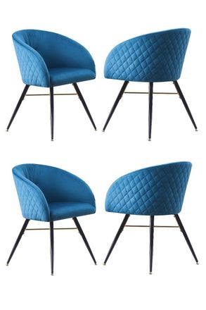 Life Interiors Set of 4 Vittorio Velvet Dining Chairs with Black Metal Legs, Quilted Design Modern Accent Chair in Blue