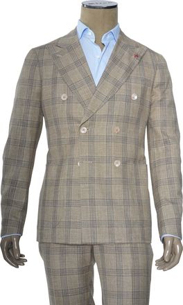 Isaia Double Breasted Double Windowpane Wool-Silk-Linen Suit