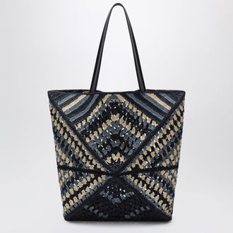 Loewe XL navy/light blue raffia Puzzle Fold tote bag