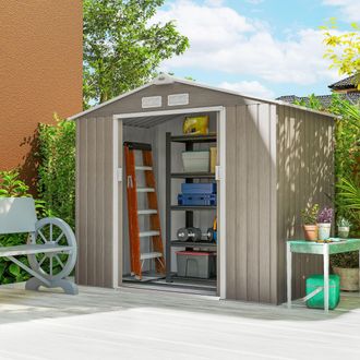 OUTSUNNY Garden Shed Storage Unit w/Locking Door Floor Foundation Vent in Light Brown