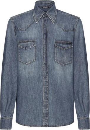 Dolce & Gabbana Blauwe Denim Overhemd met Puntige Kraag - Heren - Spijkeroverhemden - Blauw - 3XL - Denim - Overhemden