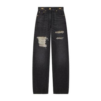 Versace Loose-fit Jeans, female, Black, Size: W25 Black Ripped Jeans with Gold Details