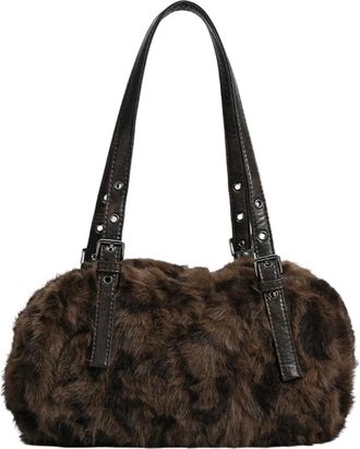 Generic Leopard Print Tote Bag for Women Plush Pillow Handbag Casual Shoulder Hobo Bag Furry Purse, Coffee