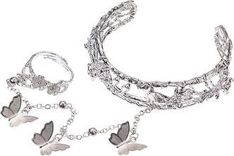 Generic Classic Antique Bracelet Ring Butterfly Bracelet Ring Silver Open Bracelet Adjustable Silver Lines Winding Ring Tassel Bracelet Ring Gift For Her Wome