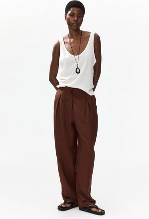 H&M Linen-blend Barrel Trousers in Brown at Nordstrom, Size 18