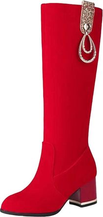 Generic Womens Knee High Boots Round Toe High Block Heel Slip On With Metal Decoration For Party And Casual Occasions