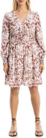 Max Studio Long Sleeve Smocked Georgette Minidress in Cream/red Floral at Nordstrom Rack, Size X-Small