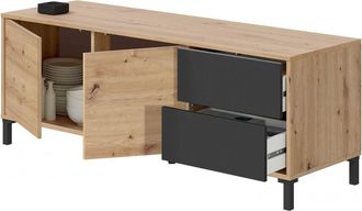 Dmora Aparador Daca, Aparador Moderno Con 2 Puertas, Bufet De Sal&oacute;n, Gabinete De Tv, Aparador Con Patas Para Sal&oacute;n, 130x41h47 Cm, Roble Anudado Y Antracita 