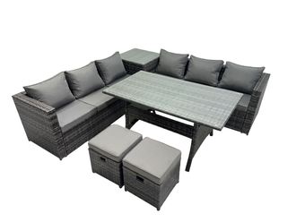 Fimous 8 Seater Garden Rattan Furniture Set with Side Table 2 Small Stools in Dark Grey