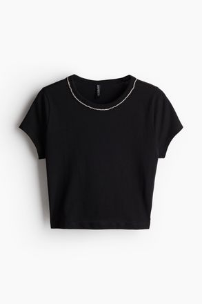 H&M Kurzes T-Shirt mit Verzierung - Schwarz