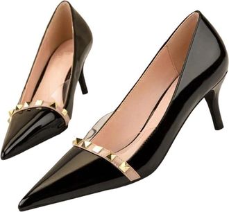 Generic Women Patent Leather High Heel Pumps Pointed Toe Rivet Detail Office Dress Shoes Black