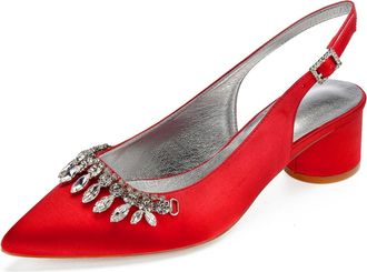 Generic Wedding Shoes Women Ankle Strap Pointed Toe Slingback Chunky Low Heels Dress Pumps Bridal Shoes 4.5Cm,red,7 UK