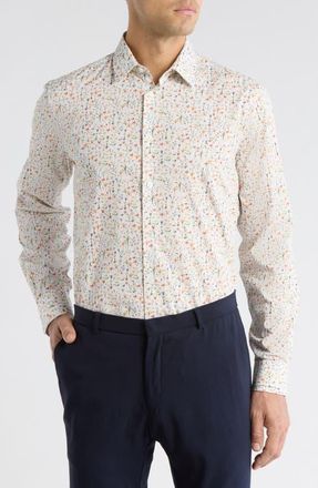 Paul Smith Tailored Fit Floral Organic Cotton Button-Up Shirt in White/Orange at Nordstrom, Size 18.5