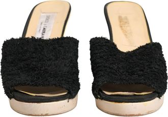 Dolce & Gabbana Black Fabric Fur Mule Wood Platform Heel Womens Shoes (Pre-Owned)