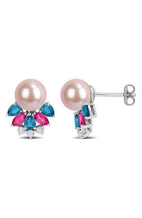 Delmar 8-8.5mm Cultured Freshwater Pearl & Gemstone Cluster Earrings in Pink/Blue/Silver Multi at Nordstrom Rack