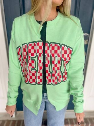 CMD Retro Merry Checkered Cardi Sweatshirt In Neon Mint