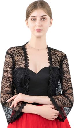 ACVIP Womens Open Front 3/4 Sleeve Shrug Evening Wedding Party Lace Cardigan Bolero Crop Top (Black)