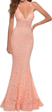 La Femme Sequin Lace Prom Dress In Peach