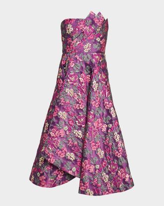 Theia Carolina Strapless Floral Jacquard Midi Dress