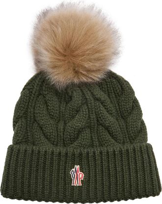 Moncler Pompom Cable-knit Wool-blend Beanie - Green Dark - One Size