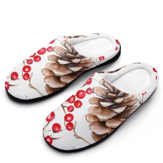 Generic Pine Cones And Berries Mens Slippers Slip On Comfortable Fleece Cotton House Shoes Winter
