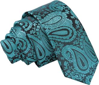 DQT Paisley Floral Patterned Wedding Skinny Neck Tie for Men in Teal