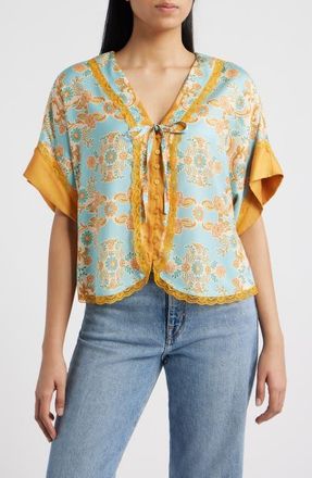 Wit & Wisdom Lace Trim Print Dolman Sleeve Top in Pale Teal/Orange Multi at Nordstrom, Size X-Small