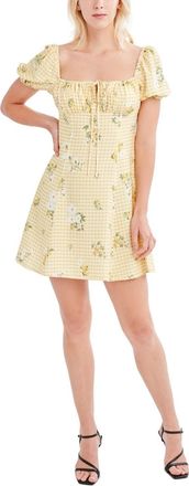BCBGeneration Dress Yellow Check Floral Puff Sleeve Square Neck JZZ333