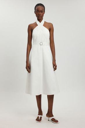 Karen Millen Womens Petite Tailored Cotton Sateen Pencil Belted Midi Dress - White - Size 16 UK
