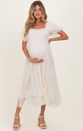 Pinkblush Pink Tulle Tulle Puff Sleeve Smocked Midi Dress in Cream at Nordstrom, Size Medium