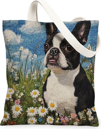 Generic Spring Boston Terrier Dog Canvas Tote Bag for Shopping 13x15, Knitting Style Garden Puppy Reusable Grocery Print Pattern Bag for Women, Fun Pet Beach 
