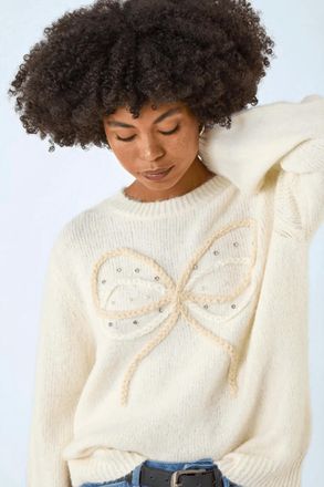Roman Faux Pearl Bow Knit Crew Jumper